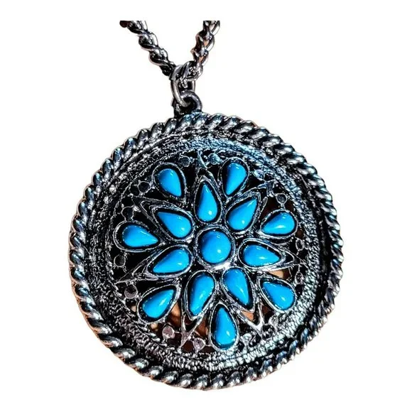 Silver Tone Faux Turquoise Pendant on 24" Chain Women Teen Casual Gift AUG-nk4 - Picture 4 of 5